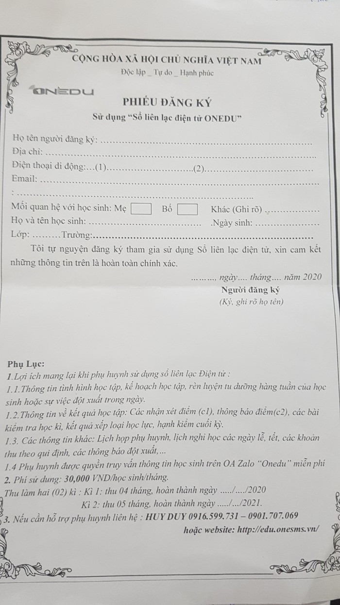 Sổ liên lạc điện tử ONEDU được Trường Tiểu học Quan Hoa triển khai yêu cầu phụ huynh đăng ký. Ảnh: Nhân vật cung cấp.