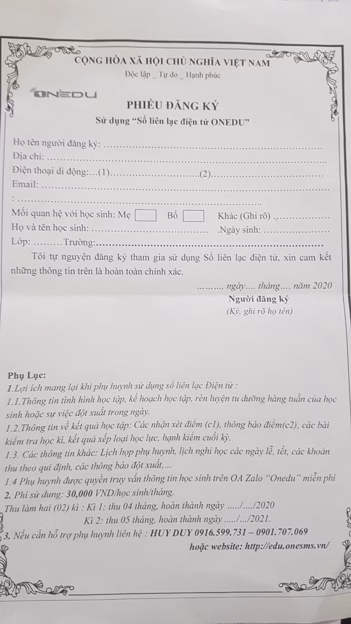 Sổ liên lạc điện tử ONEDU được Trường Tiểu học Quan Hoa triển khai yêu cầu phụ huynh đăng ký. Ảnh: Nhân vật cung cấp.