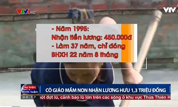 Ảnh chụp màn hình phóng sự của VTV.vn về một cô giáo mầm non sau 37 năm công tác nhận lương hưu 1,3 triệu đồng. Ảnh chụp màn hình phóng sự của VTV.vn về một cô giáo mầm non sau 37 năm công tác nhận lương hưu 1,3 triệu đồng.