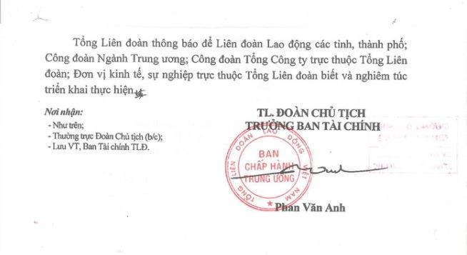 Ảnh chụp công văn 837/TLĐ ngày 3/5/2018 về việc đôn đốc thực hiện nộp nghĩa vụ về Tổng Liên đoàn mà Trường Đại học Tôn Đức Thắng nhận được.