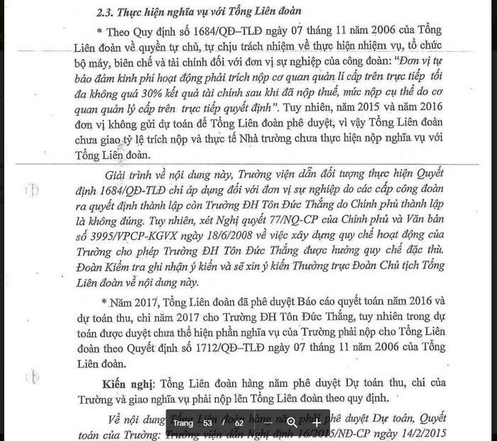 Ảnh chụp màn hình trang số 7 văn bản 1933/TLĐ ngày 29/11/2017 của Tổng Liên đoàn trả lời Công văn 1970/2017/TĐT-VB ngày 18/10/2017 của Trường Đại học Tôn Đức Thắng.