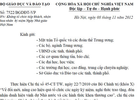 Ảnh chụp từ Công văn của Bộ Giáo dục và Đào tạo về việc không tổ chức tiếp khách, nhận hoa nhân kỷ niệm Ngày Nhà giáo Việt Nam. Ảnh chụp từ Công văn của Bộ Giáo dục và Đào tạo về việc không tổ chức tiếp khách, nhận hoa nhân kỷ niệm Ngày Nhà giáo Việt Nam.