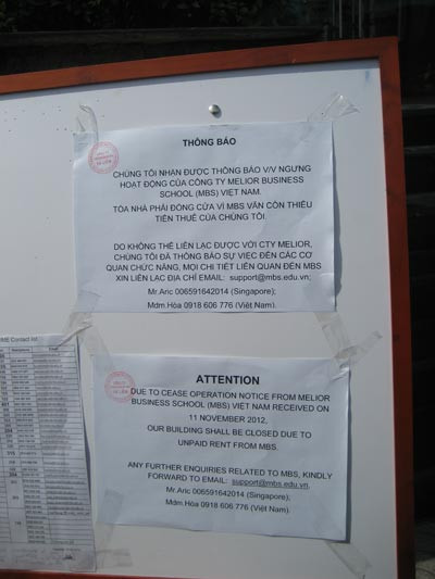 Thông báo của đơn vị cho thuê trụ sở tuyên bố không cho Melior tiếp tục thuê mướn vì nơi này nợ tiền nhà. Thông báo của đơn vị cho thuê trụ sở tuyên bố không cho Melior tiếp tục thuê mướn vì nơi này nợ tiền nhà.