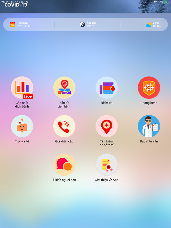 Ứng dụng ra mắt với mong muốn mang lại tiện ích về y tế cho người dân cùng phòng chống dịch bệnh COVID-19. Ứng dụng ra mắt với mong muốn mang lại tiện ích về y tế cho người dân cùng phòng chống dịch bệnh COVID-19.
