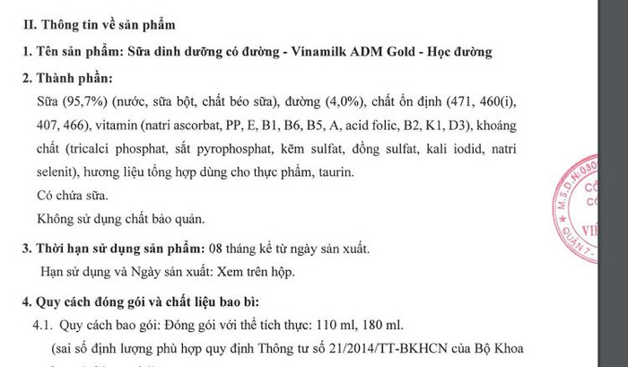 Ảnh chụp màn hình nội dung ghi thành phần của sản phẩm Sữa dinh dưỡng có đường - ADM Gold - Học đường, Vinamilk công bố ngày 21/9/2018. Ảnh chụp màn hình nội dung ghi thành phần của sản phẩm Sữa dinh dưỡng có đường - ADM Gold - Học đường, Vinamilk công bố ngày 21/9/2018.