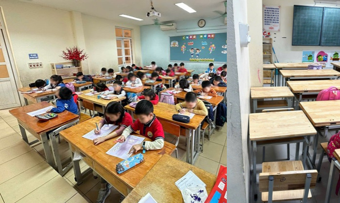 Khung cảnh chật chội tại một lớp tiểu học của trường công lập trên địa bàn quận Nam Từ Liêm. Ảnh phụ huynh cung cấp vào tháng 8/2024. lop dong hs (1).png