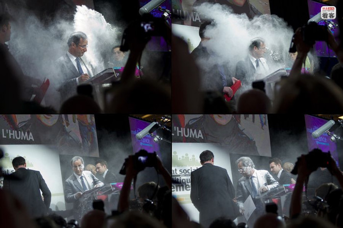 Ngày 1/2/2012 đối thủ trong cuộc chạy đua vào ghế Tổng thống Pháp của ông Sarkozy, lãnh đạo đảng đối lập Francois Hollande trong một lần diễn thuyết vận động tranh cử đã bị một người phụ nữ "tương" ngay một hộp phấn sáp vào mặt. Tuy nhiên ông Francois Hollande cho đó là rủi ro nghề nghiệp và không cần thay nhân viên an ninh Ngày 1/2/2012 đối thủ trong cuộc chạy đua vào ghế Tổng thống Pháp của ông Sarkozy, lãnh đạo đảng đối lập Francois Hollande trong một lần diễn thuyết vận động tranh cử đã bị một người phụ nữ "tương" ngay một hộp phấn sáp vào mặt. Tuy nhiên ông Francois Hollande cho đó là rủi ro nghề nghiệp và không cần thay nhân viên an ninh