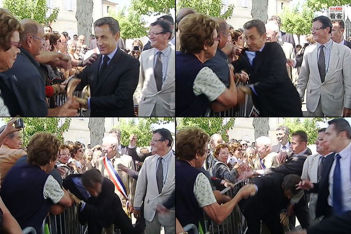 Ngày 30/6/2011 Tổng thống Pháp Nicolas Sarkozy tiếp xúc cử tri tại thành phố Brax đã bị một người quá khích túm cổ và đấm cho ngã nhào Ngày 30/6/2011 Tổng thống Pháp Nicolas Sarkozy tiếp xúc cử tri tại thành phố Brax đã bị một người quá khích túm cổ và đấm cho ngã nhào