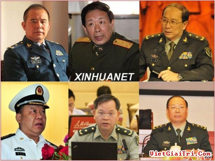 Những viên tướng Trung Quốc hiếu chiến trên biển Đông. Từ trái qua phải, hàng trên: Kiều Lương, La Viện, Kim Nhất Nam là nhóm học giả đeo lon thiếu tướng; hàng dưới: Lý Sỹ Hồng - Phó tham mưu trưởng HĐ Nam Hải, Hoàng Thiện Xuân - Chính ủy quân khu tỉnh Quảng Đông và Nhiệm Hải Tuyền - Phó GĐ học viện Khoa học quân sự Trung Quốc Những viên tướng Trung Quốc hiếu chiến trên biển Đông. Từ trái qua phải, hàng trên: Kiều Lương, La Viện, Kim Nhất Nam là nhóm học giả đeo lon thiếu tướng; hàng dưới: Lý Sỹ Hồng - Phó tham mưu trưởng HĐ Nam Hải, Hoàng Thiện Xuân - Chính ủy quân khu tỉnh Quảng Đông và Nhiệm Hải Tuyền - Phó GĐ học viện Khoa học quân sự Trung Quốc