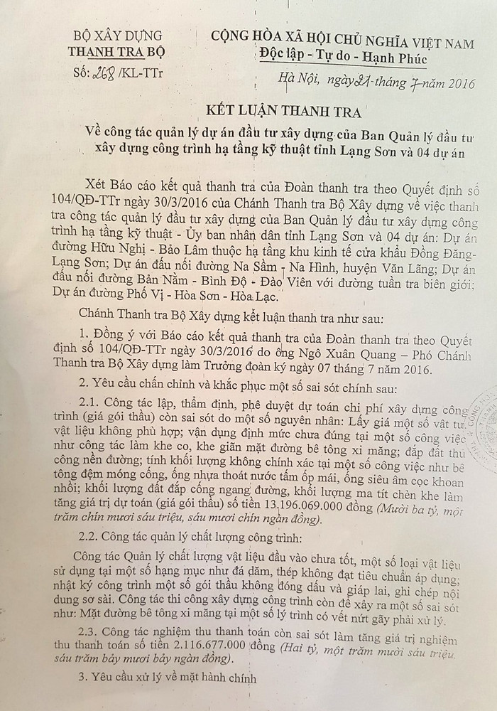 Kết luận thanh tra của Bộ Xây dựng. Kết luận thanh tra của Bộ Xây dựng.