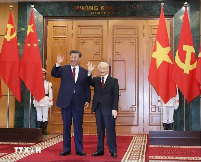 Tổng Bí thư Nguyễn Phú Trọng đón, hội đàm với Tổng Bí thư, Chủ tịch Trung Quốc Tập Cận Bình thăm cấp Nhà nước tới Việt Nam (Hà Nội, chiều 12/12/2023). Ảnh: TTXVN Screenshot 2024-08-16 163515.jpg