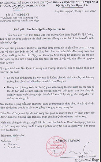 Công văn phản hồi của Trường CĐ Nghề du lịch Vũng Tàu gửi Ban biên tập Báo điện tử Dân trí. Công văn phản hồi của Trường CĐ Nghề du lịch Vũng Tàu gửi Ban biên tập Báo điện tử Dân trí.