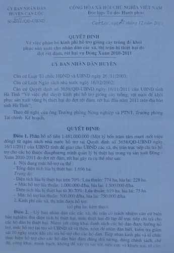 Quyết định số 2010 của UBND huyện Can Lộc: “UBND các xã, thị trấn có trách nhiệm căn cứ biên bản nghiệm thu diện tích bị thiệt hại, mức thiệt hại…thực hiện hỗ trợ cho các hộ dân đảm bảo đúng đối tượng, đúng chính sách, chế độ, công khai, minh bạch, không để ra sai sót, tiêu cực và khiếu nại, tố cáo”. Quyết định số 2010 của UBND huyện Can Lộc: “UBND các xã, thị trấn có trách nhiệm căn cứ biên bản nghiệm thu diện tích bị thiệt hại, mức thiệt hại…thực hiện hỗ trợ cho các hộ dân đảm bảo đúng đối tượng, đúng chính sách, chế độ, công khai, minh bạch, không để ra sai sót, tiêu cực và khiếu nại, tố cáo”.