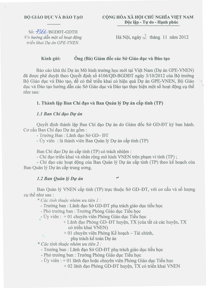 Công văn số 7366/BGDĐT-GDTH ngày 2/11/2012, về việc hướng dẫn một số hoạt động triển khai Dự án GPE-VNEN, do Thứ trưởng Nguyễn Vinh Hiển ký, trang 1. Công văn số 7366/BGDĐT-GDTH ngày 2/11/2012, về việc hướng dẫn một số hoạt động triển khai Dự án GPE-VNEN, do Thứ trưởng Nguyễn Vinh Hiển ký, trang 1.