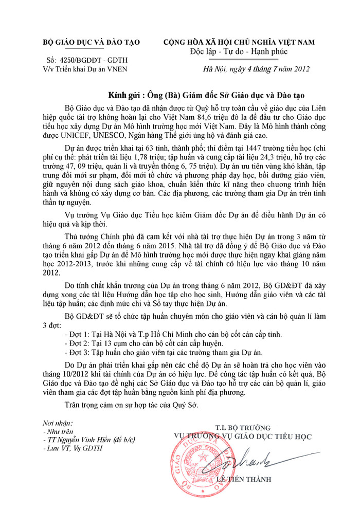 Công văn 4250/BGDĐT - GDTH về việc triển khai dự án VNEN, ban hành ngày 04/07/2012, do Vụ trưởng Vụ Giáo dục Tiểu học Lê Tiến Thành ký. Công văn 4250/BGDĐT - GDTH về việc triển khai dự án VNEN, ban hành ngày 04/07/2012, do Vụ trưởng Vụ Giáo dục Tiểu học Lê Tiến Thành ký.
