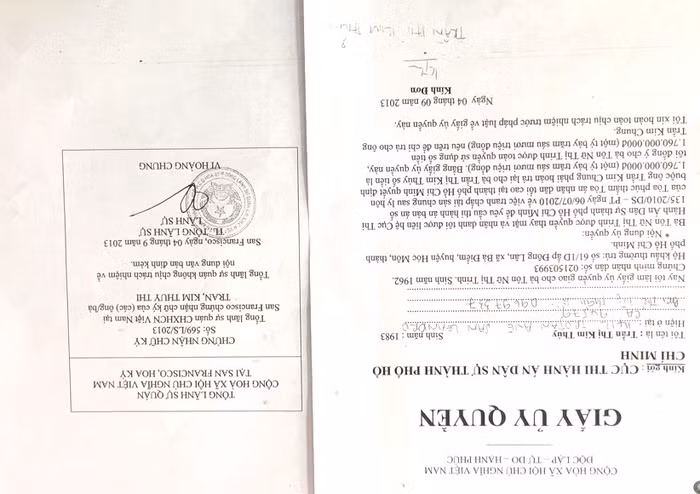 Ngày 14/09/2004, Trần Kim Thủy đi Mỹ có làm giấy cho bà Trinh các tài sản trên.
