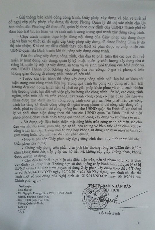 Giấy phép xây dựng số 502/GPXD-UBND do quận Ba Đình cấp cho ông Nguyễn Thành Trung quy định rất rõ là 6 tầng. Ảnh Trần Việt. Giấy phép xây dựng số 502/GPXD-UBND do quận Ba Đình cấp cho ông Nguyễn Thành Trung quy định rất rõ là 6 tầng. Ảnh Trần Việt.