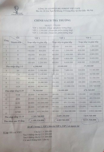 Sơ đồ trả thưởng của công ty Cổ phần Big Forest Việt Nam. Ảnh: Pháp luật Việt Nam Sơ đồ trả thưởng của công ty Cổ phần Big Forest Việt Nam. Ảnh: Pháp luật Việt Nam