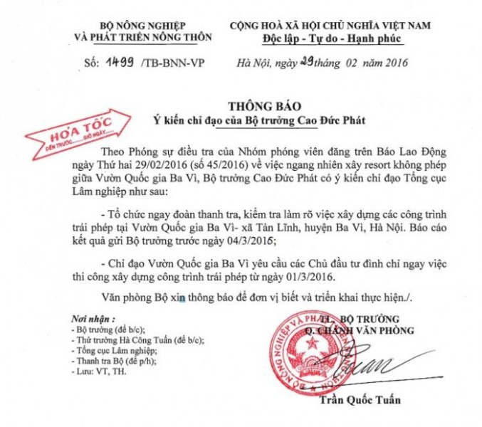 Công văn hỏa tốc của BNN &amp; PTNT gửi Tổng cục Lâm nghiệp về việc xây không phép resort giữa Vườn Quốc gia Ba Vì.