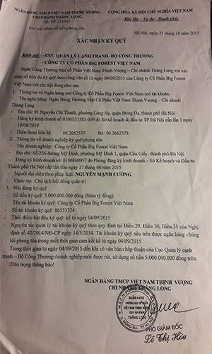 Xác nhận tài khoản ký quỹ làm giả con dấu, chữ ký của Ngân hàng TMCP Việt Nam Thịnh Vượng. Ảnh: VTC News Xác nhận tài khoản ký quỹ làm giả con dấu, chữ ký của Ngân hàng TMCP Việt Nam Thịnh Vượng. Ảnh: VTC News