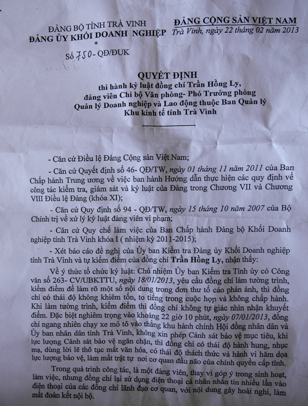 Quyết định khai trừ Đảng đối với bà Trần Hồng Ly. Quyết định khai trừ Đảng đối với bà Trần Hồng Ly.