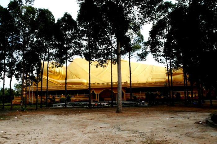 Bức tượng Phật Thích Ca Mâu Ni nhập Niết Bàn nằm thấp thoáng trong hàng cây xanh, phía trước gian chính điện. Bức tượng Phật Thích Ca Mâu Ni nhập Niết Bàn nằm thấp thoáng trong hàng cây xanh, phía trước gian chính điện.