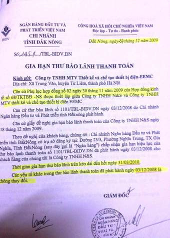 Mặc dù đã phát hành Thư bảo lãnh và gia hạn thư bảo lãnh nhưng BIDV Đắk Nông lại tìm mọi cách để thoái thác trách nhiệm của mình. Mặc dù đã phát hành Thư bảo lãnh và gia hạn thư bảo lãnh nhưng BIDV Đắk Nông lại tìm mọi cách để thoái thác trách nhiệm của mình.