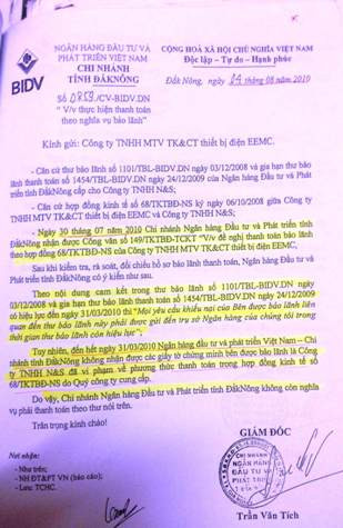 Lấy lý do, Công ty EEMC không cung cấp được bằng chứng Công ty N&S vi phạm hợp đồng nên BIDV Đắk Nông không thực hiện trách nhiệm thư bảo lãnh đã phát hành. Lấy lý do, Công ty EEMC không cung cấp được bằng chứng Công ty N&S vi phạm hợp đồng nên BIDV Đắk Nông không thực hiện trách nhiệm thư bảo lãnh đã phát hành.