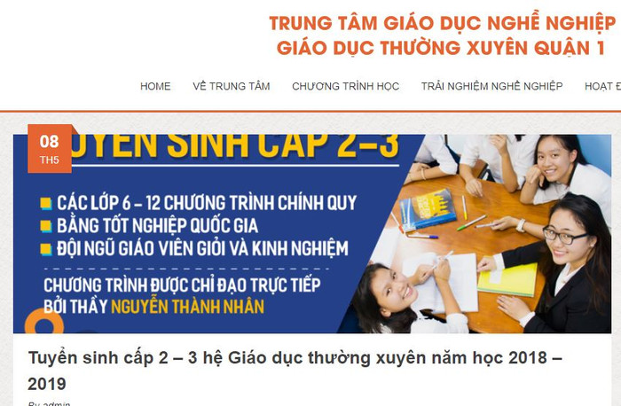 Ảnh chụp màn hình thông báo tuyển sinh trên website Trung tâm Giáo dục nghề nghiệp - giáo dục thường xuyên Quận 1, thành phố Hồ Chí Minh, hình ảnh chỉ có tính chất minh họa. Nguồn: giaoducnghenghiepquan1.edu.vn. Ảnh chụp màn hình thông báo tuyển sinh trên website Trung tâm Giáo dục nghề nghiệp - giáo dục thường xuyên Quận 1, thành phố Hồ Chí Minh, hình ảnh chỉ có tính chất minh họa. Nguồn: giaoducnghenghiepquan1.edu.vn.