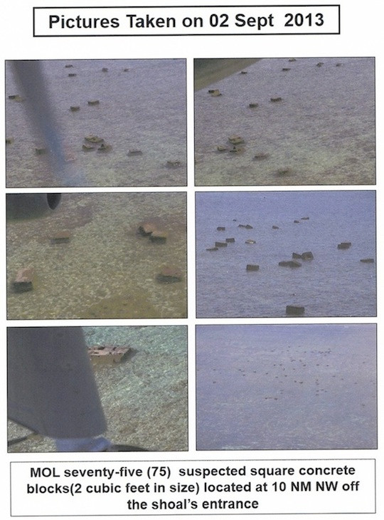 Hình ảnh 75 khối bê tông ngoài Scarborough, ban đầu Bộ trưởng Quốc phòng Philippines Voltaire Gazmin khẳng định là do TQ mới bỏ để chuẩn bị đổ móng công sự bất hợp pháp.