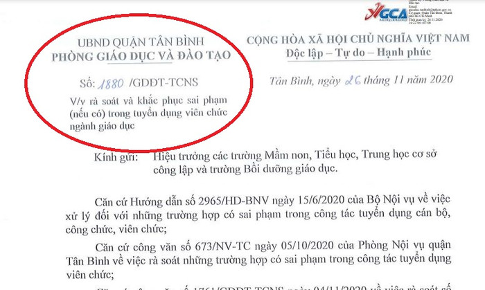 Văn bản số 1880/GDĐT-TCNS của Phòng Giáo dục và Đào tạo quận Tân Bình về việc rà soát và khắc phục sai phạm (nếu có) trong tuyển dụng viên chức ngành giáo dục. Văn bản số 1880/GDĐT-TCNS của Phòng Giáo dục và Đào tạo quận Tân Bình về việc rà soát và khắc phục sai phạm (nếu có) trong tuyển dụng viên chức ngành giáo dục.