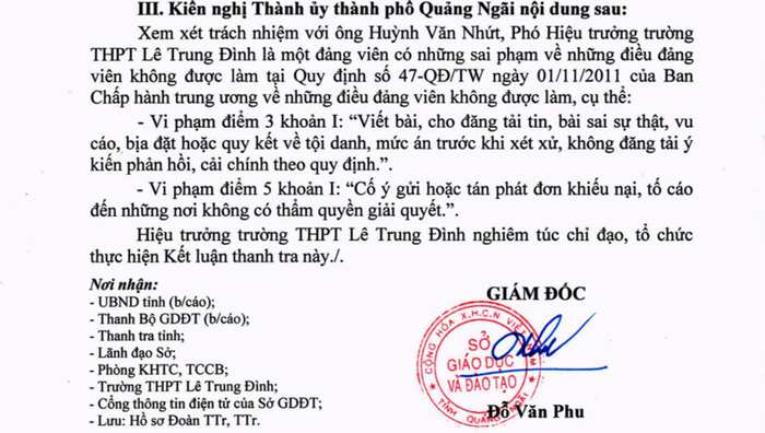 Kết luận thanh tra của Sở Giáo dục và Đào tạo Quảng Ngãi chỉ ra nhiều sai phạm tài chính tại Trường Trung học phổ thông Lê Trung Đình. Ảnh: AN