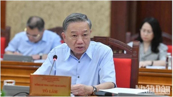 Tổng Bí thư, Chủ tịch nước Tô Lâm phát biểu chỉ đạo cuộc họp. (Ảnh: Đăng Khoa) TBT To Lam.JPG