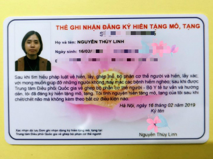 Thẻ đăng ký ghi nhận hiến tặng mô, tạng. Ảnh NVCC Thẻ đăng ký ghi nhận hiến tặng mô, tạng. Ảnh NVCC