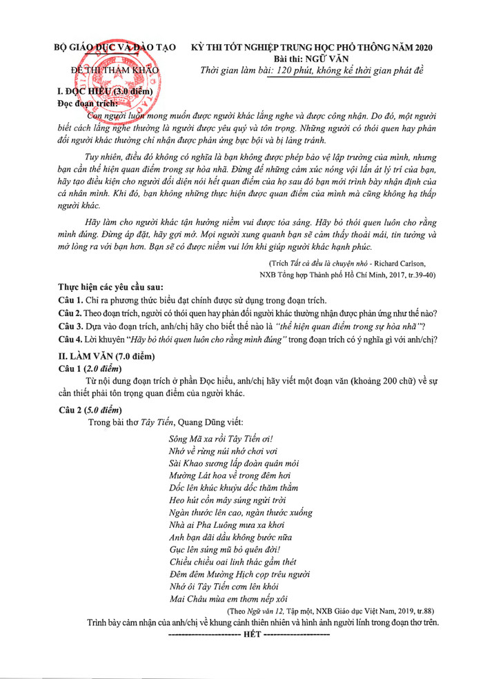 Đề thi tham khảo do Bộ Giáo dục và Đào tạo công bố. Đề thi tham khảo do Bộ Giáo dục và Đào tạo công bố.