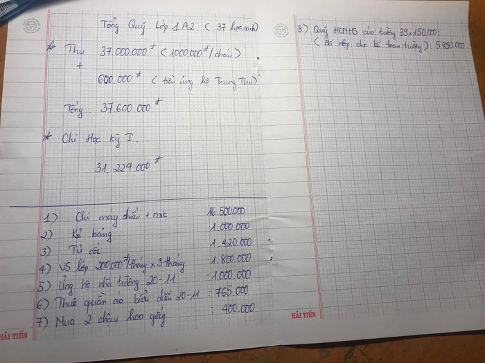 Danh sách thu – chi của lớp 1A2, Trường Tiểu học Yên Viên, Gia Lâm, Hà Nội. Ảnh: Phụ huynh cung cấp Danh sách thu – chi của lớp 1A2, Trường Tiểu học Yên Viên, Gia Lâm, Hà Nội. Ảnh: Phụ huynh cung cấp