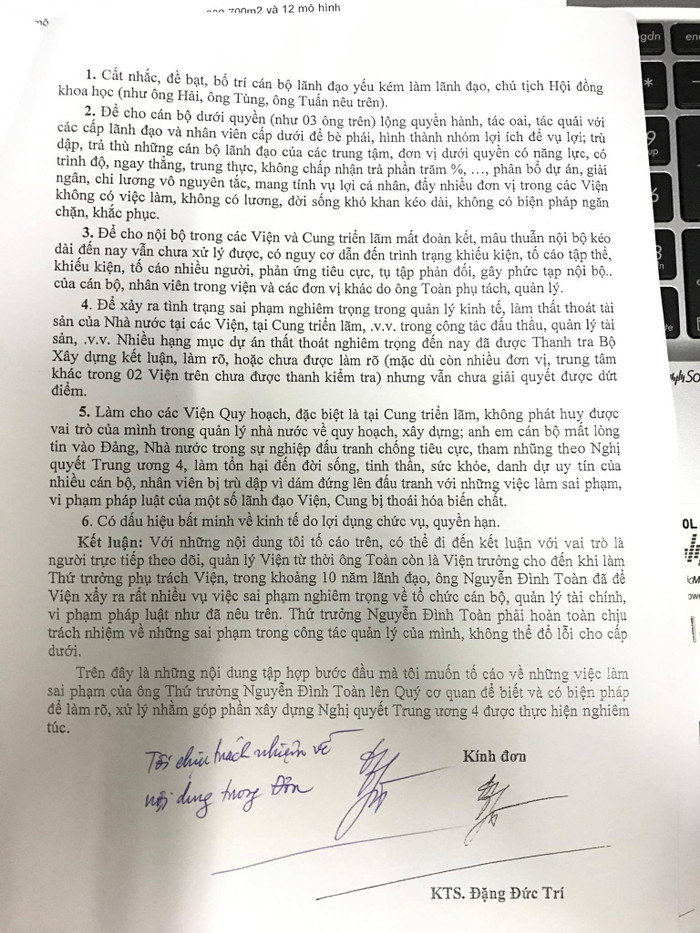 Đơn tố cáo của ông Đặng Đức Trí, nguyên Giám đốc Cung Triển lãm Kiến trúc, quy hoạch xây dựng Quốc gia.