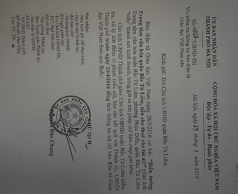 Công văn chỉ đạo của Chủ tịch UBND TP. Hà Nội về việc kiểm tra thông tin Báo điện tử Giáo dục Việt Nam phán ảnh. Tuy nhiên, Chủ tịch UBND quận Bắc Từ Liêm dường như không quan tâm.