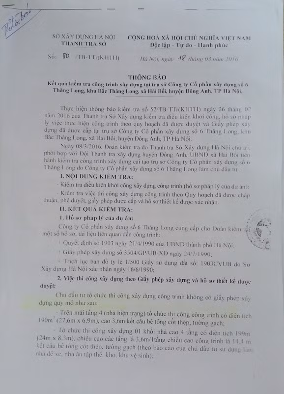 Thông báo số: 80/TB-TTr (KHTH) của Thanh tra Sở xây dựng Hà Nội về kết quả kiểm tra tại Công ty số 6 Thăng Long.