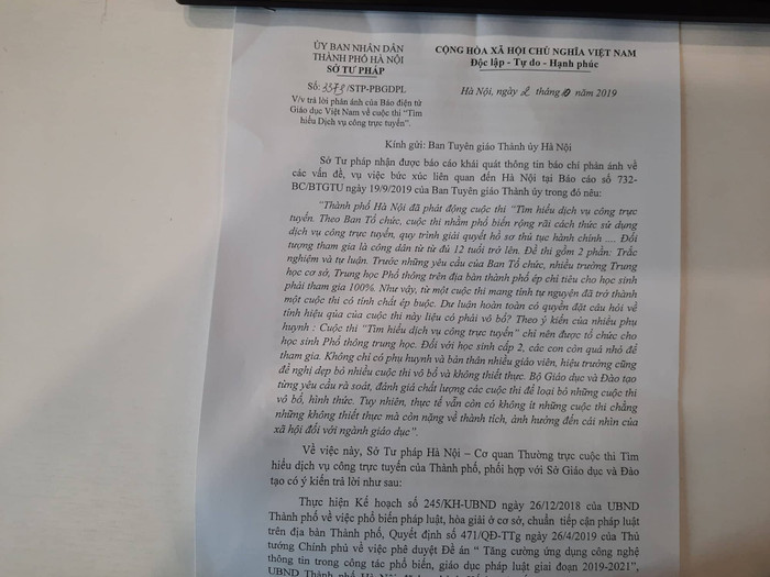 Sở Tư pháp Hà Nội gửi văn bản trả lời phản ánh của Báo điện tử Giáo dục Việt Nam về cuộc thi "Tìm hiểu Dịch vụ công trực tuyến". Ảnh chụp văn bản.