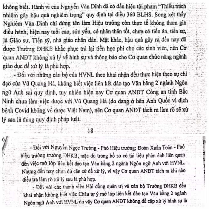 Tòa án cũng nhận định, đánh giá, thông tin thêm về hành vi của một loạt lãnh đạo trường đã được Cơ quan điều tra tách riêng để tiếp tục điều tra làm rõ.