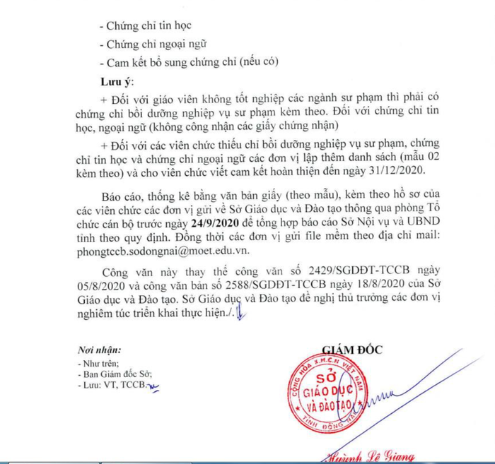 Ảnh chụp màn hình Công văn 2919/SGDDT-TCCB của Sở Giáo dục và Đào tạo Đồng Nai.