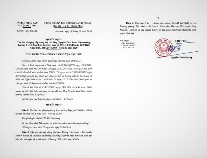 Quyết định thu hồi tiền đứng lớp sai phạm của Ủy ban nhân dân huyện Hậu Lộc (Thanh Hóa) đối với ông Nguyễn Thái Sơn- Hiệu trưởng trường Trung học cơ sở Ngư Lộc. Ảnh: LC Quyết định thu hồi tiền đứng lớp sai phạm của Ủy ban nhân dân huyện Hậu Lộc (Thanh Hóa) đối với ông Nguyễn Thái Sơn- Hiệu trưởng trường Trung học cơ sở Ngư Lộc. Ảnh: LC