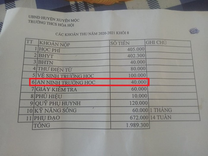 Ảnh chụp thông báo thu đầu năm của Trường Trung học cơ sở Hòa Hội do phụ huynh cung cấp. Ảnh chụp thông báo thu đầu năm của Trường Trung học cơ sở Hòa Hội do phụ huynh cung cấp.