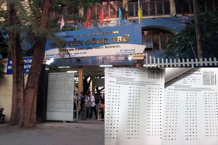 Trường Trung học phổ thông Nguyễn Công Trứ và bài thi trước - sau khi chỉnh sửa (ảnh nhỏ). (Ảnh: H.L)