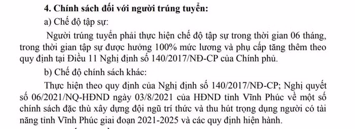 Chính sách đối với người trúng tuyển. Ảnh cắt màn hình.