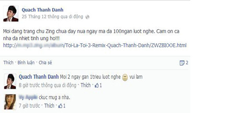 Ca sĩ Quách Thành Danh chia sẻ niềm vui với người hâm mộ khi ca khúc của anh nhận được sự quan tâm lớn của khán giả Ca sĩ Quách Thành Danh chia sẻ niềm vui với người hâm mộ khi ca khúc của anh nhận được sự quan tâm lớn của khán giả