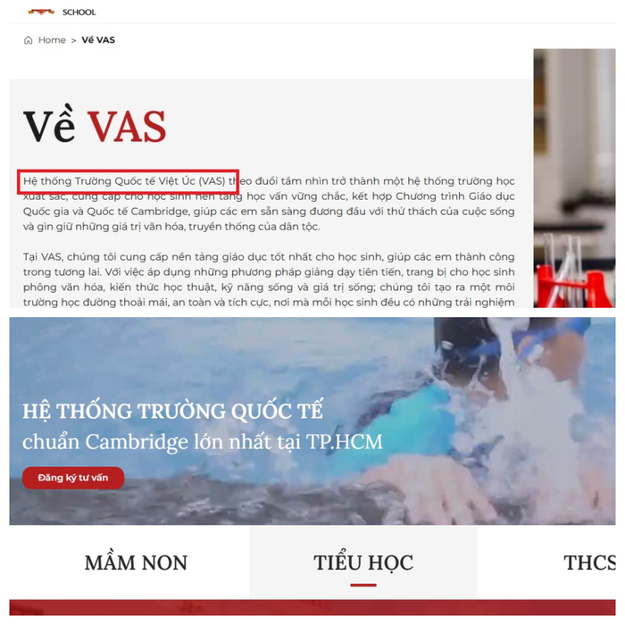 Trên website, nhà trường quảng cáo là "Hệ thống Trường Quốc tế chuẩn cambridge lớn nhất Thành phố Hồ Chí Minh", "Hệ thống Trường Quốc tế Việt Úc". Ảnh chụp màn hình website đăng trong bài viết trên Tạp chí vào ngày 27/12/20224. blank-2-grids-collage-872-1906.png