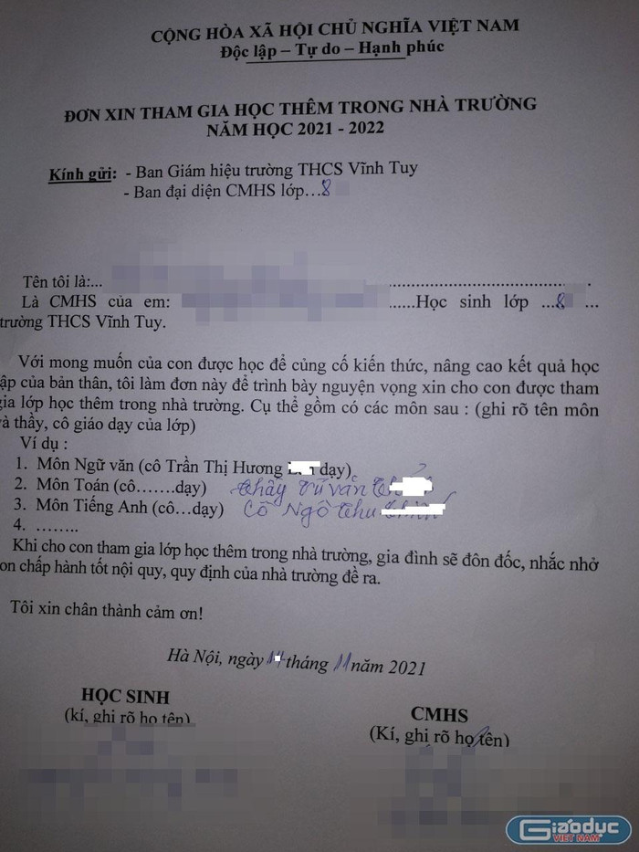 Phụ huynh cung cấp mẫu đơn. Ảnh: Phụ huynh cung cấp Phụ huynh cung cấp mẫu đơn. Ảnh: Phụ huynh cung cấp