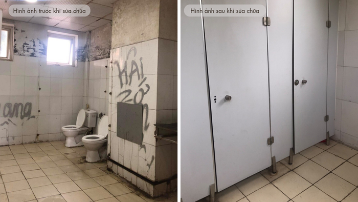 Hình ảnh Hiệu trưởng trường trung học phổ thông Thạch Bàn cung cấp cho phóng viên bên trái là ảnh chụp nhà vệ sinh bị hỏng vách ngăn. Ảnh bên phải là ảnh đã lắp đặt vách ngăn. Thầy Đồng cho biết, nhà vệ sinh xuống cấp trước hết là tăng tần suất lau rửa không để mùi hôi, tiếp theo là xin phép cho cải tạo trống xuống cấp. Ảnh: NTCC Hình ảnh Hiệu trưởng trường trung học phổ thông Thạch Bàn cung cấp cho phóng viên bên trái là ảnh chụp nhà vệ sinh bị hỏng vách ngăn. Ảnh bên phải là ảnh đã lắp đặt vách ngăn. Thầy Đồng cho biết, nhà vệ sinh xuống cấp trước hết là tăng tần suất lau rửa không để mùi hôi, tiếp theo là xin phép cho cải tạo trống xuống cấp. Ảnh: NTCC